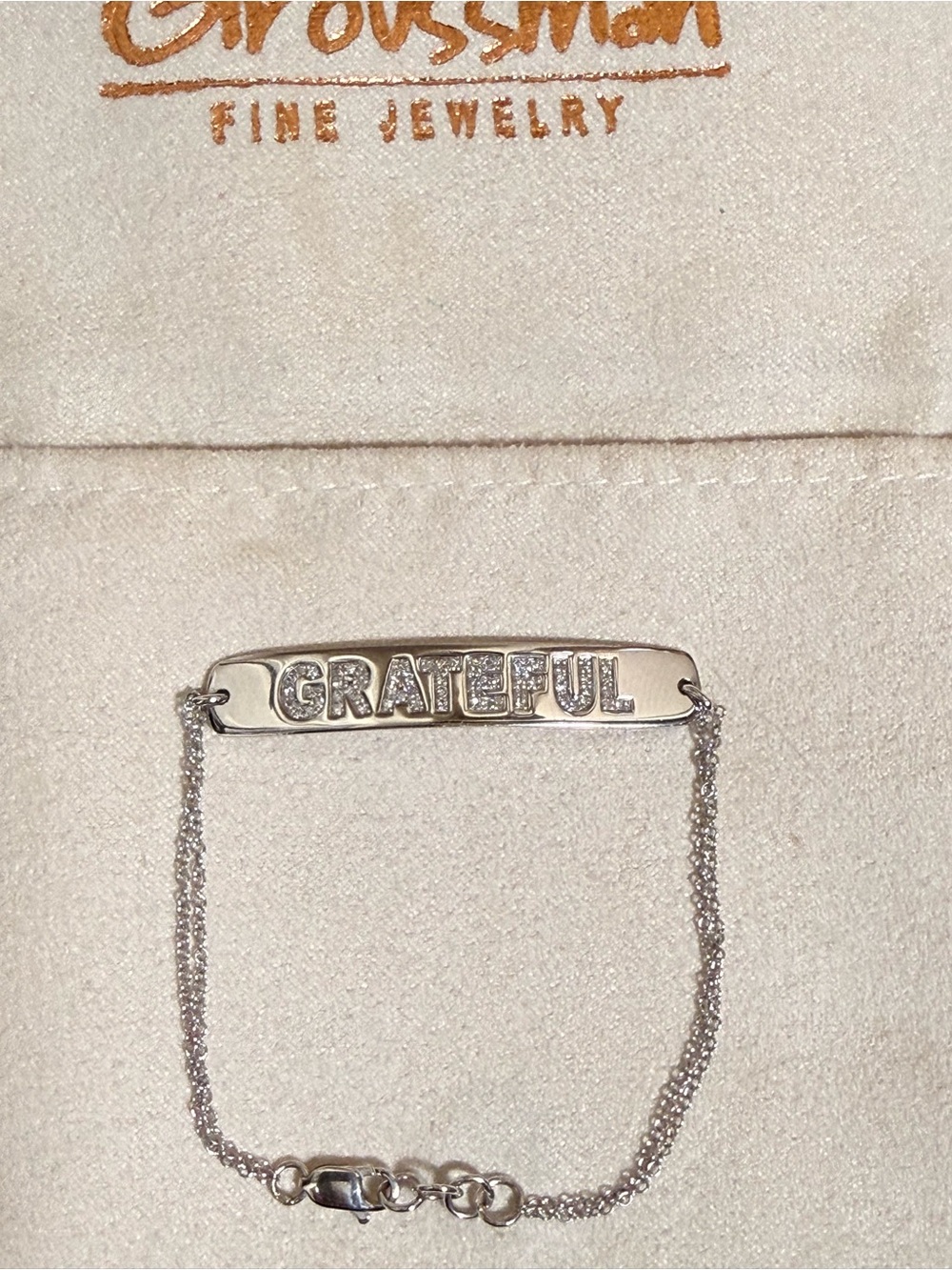 Andrea Groussman 14K White Gold Pave Diamond “Grateful” Bar Bracelet 6”